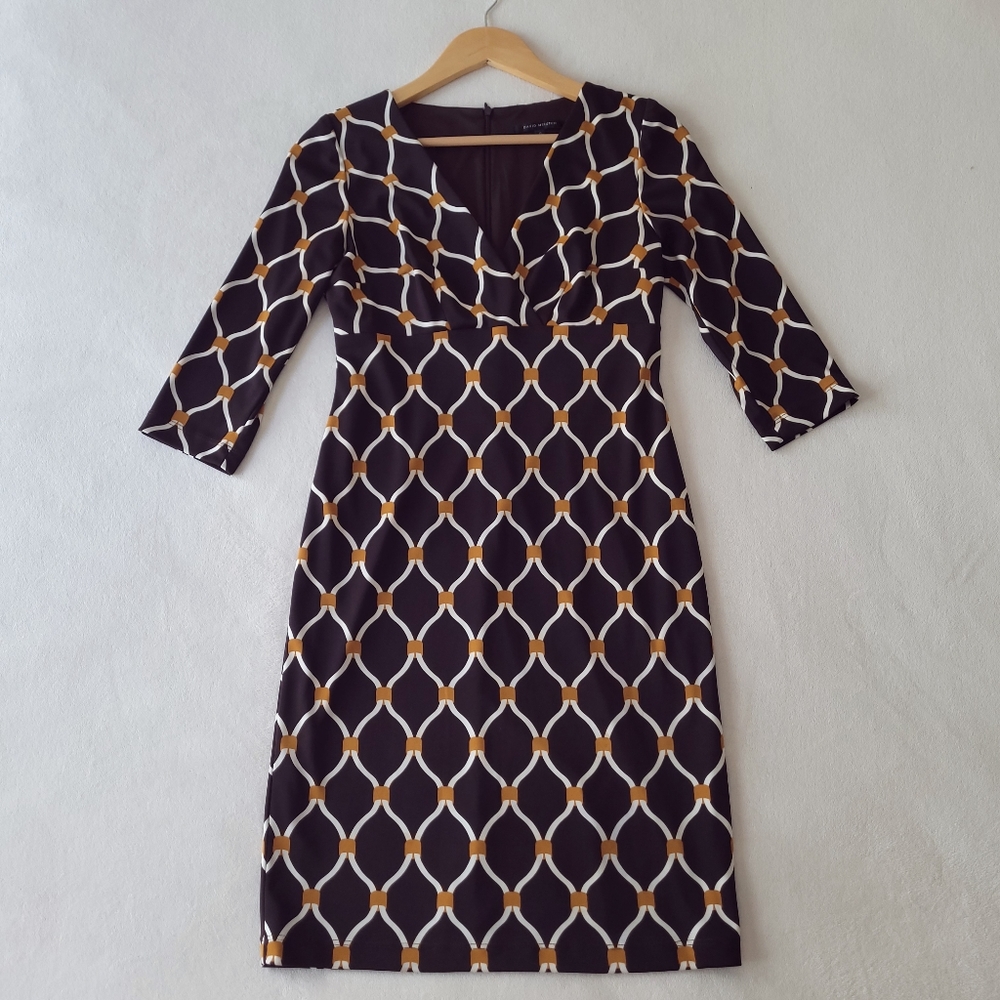 Vintage Geometric Midi Dress Brown By David Meister Made in USA | SIZE 6